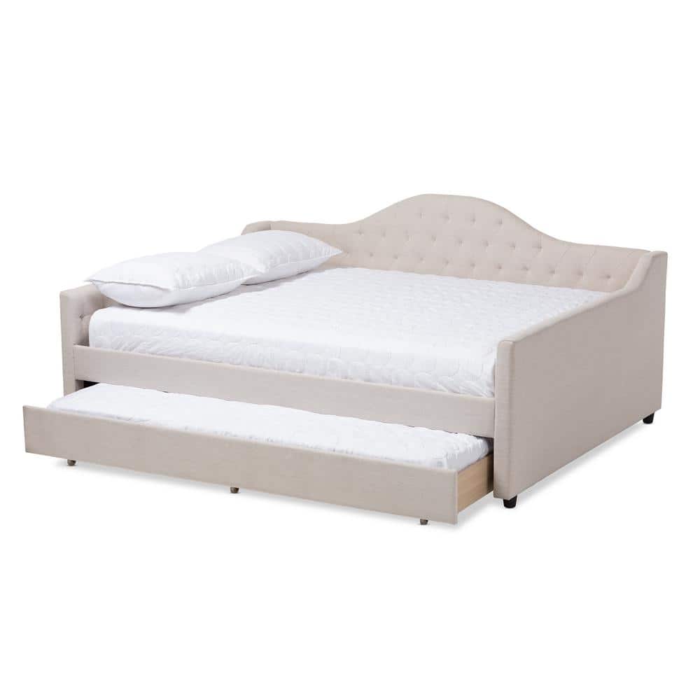 Light Beige Full Upholstered Daybed with Trundle and Tufted Headboard
