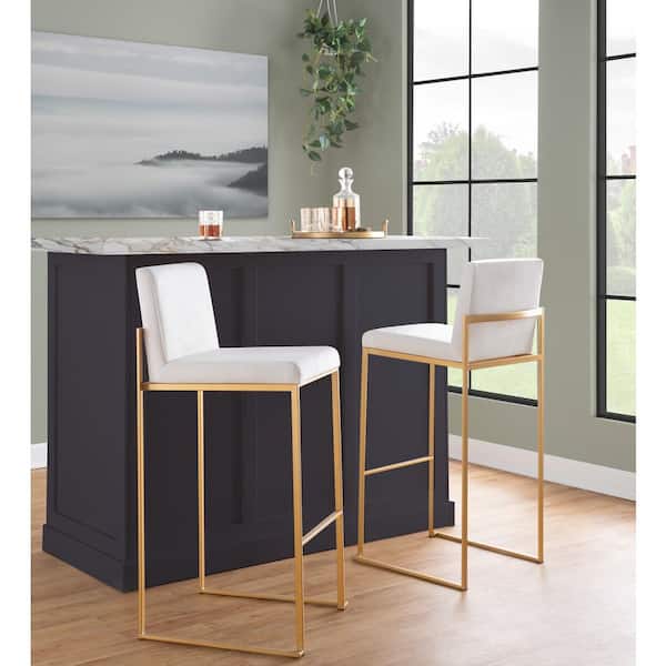 LumiSource Fuji High Back 31 in. White Velvet and Gold Metal Bar Stool (Set of 3)