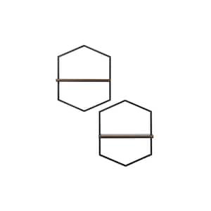 15 in. H x 12 in. W x 4 in. D Wood and Black Metal Wall-Mount Hexagon Floating Shelf (Set of 2)