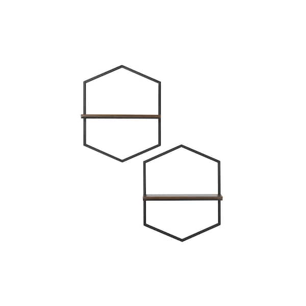 StyleWell 15 in. H x 12 in. W x 4 in. D Wood and Black Metal Wall-Mount Hexagon Floating Shelf (Set of 2)
