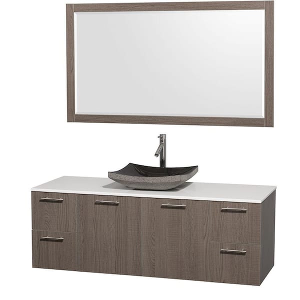 Wyndham Collection Amare 60 in. Vanity in Grey Oak with Man-Made Stone Vanity Top in White and Black Granite Sink