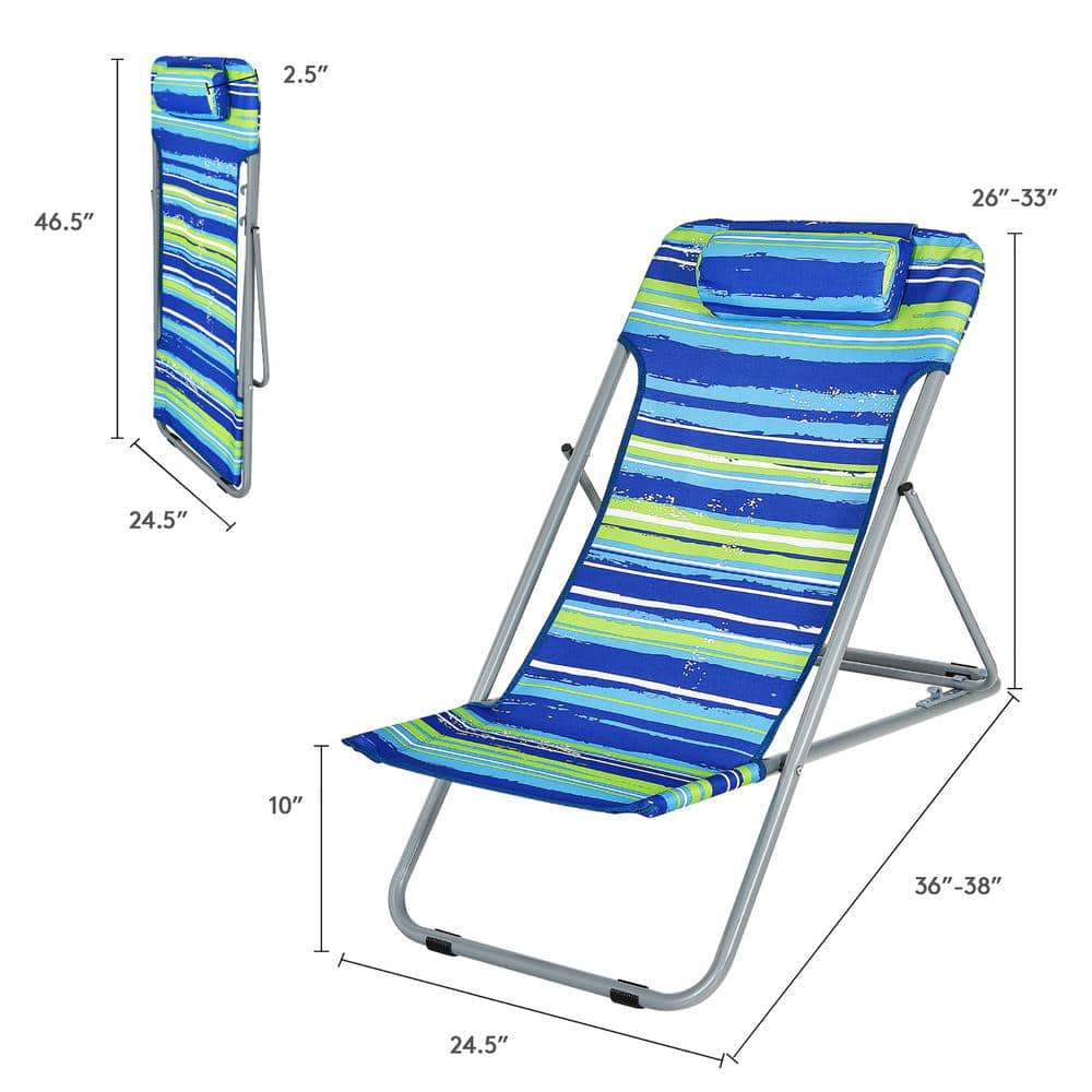 Blue Striped Folding Armless Camping Beach Chairs with Headrest, Set of 2