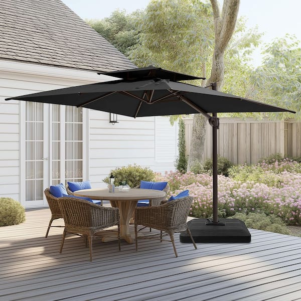 Pellebant 11.5 ft. x 9 ft. Dual Top Outdoor 360° Rotation Tiltable Aluminum Cantilever Patio Umbrella in Black with 240 lbs. Base