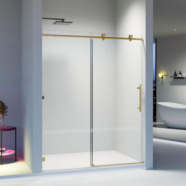 56-60 in. W x 74 in. H Frameless Sliding Shower Door Single Soft-Close Shower Door in Brushed Gold with Tempered Glass