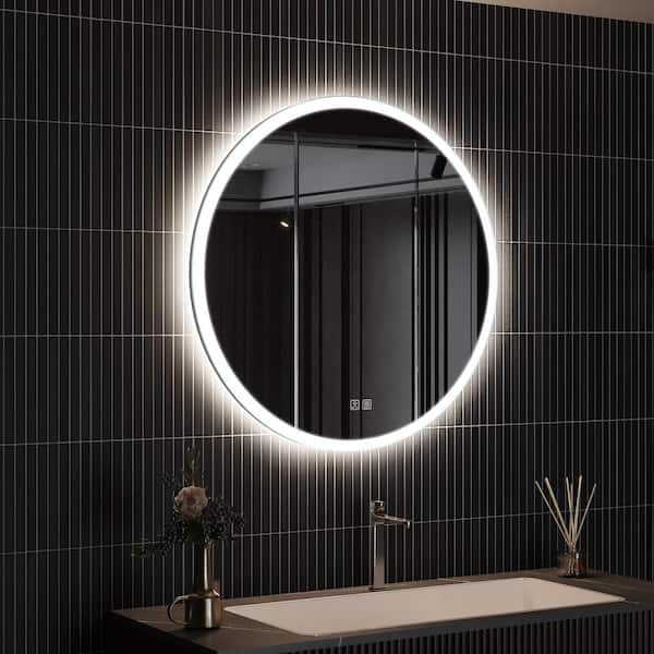 HOMEIBRO 28 in. W x 28 in. H Round Frameless LED Light with 3-Color and Anti-Fog Wall Mounted Bathroom Vanity Mirror