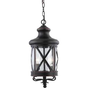 Large 3-Light Black Copper Aluminum Outdoor Lamp/Lantern/Cottage Candle-Style Hanging Pendant with Clear Seedy Glass