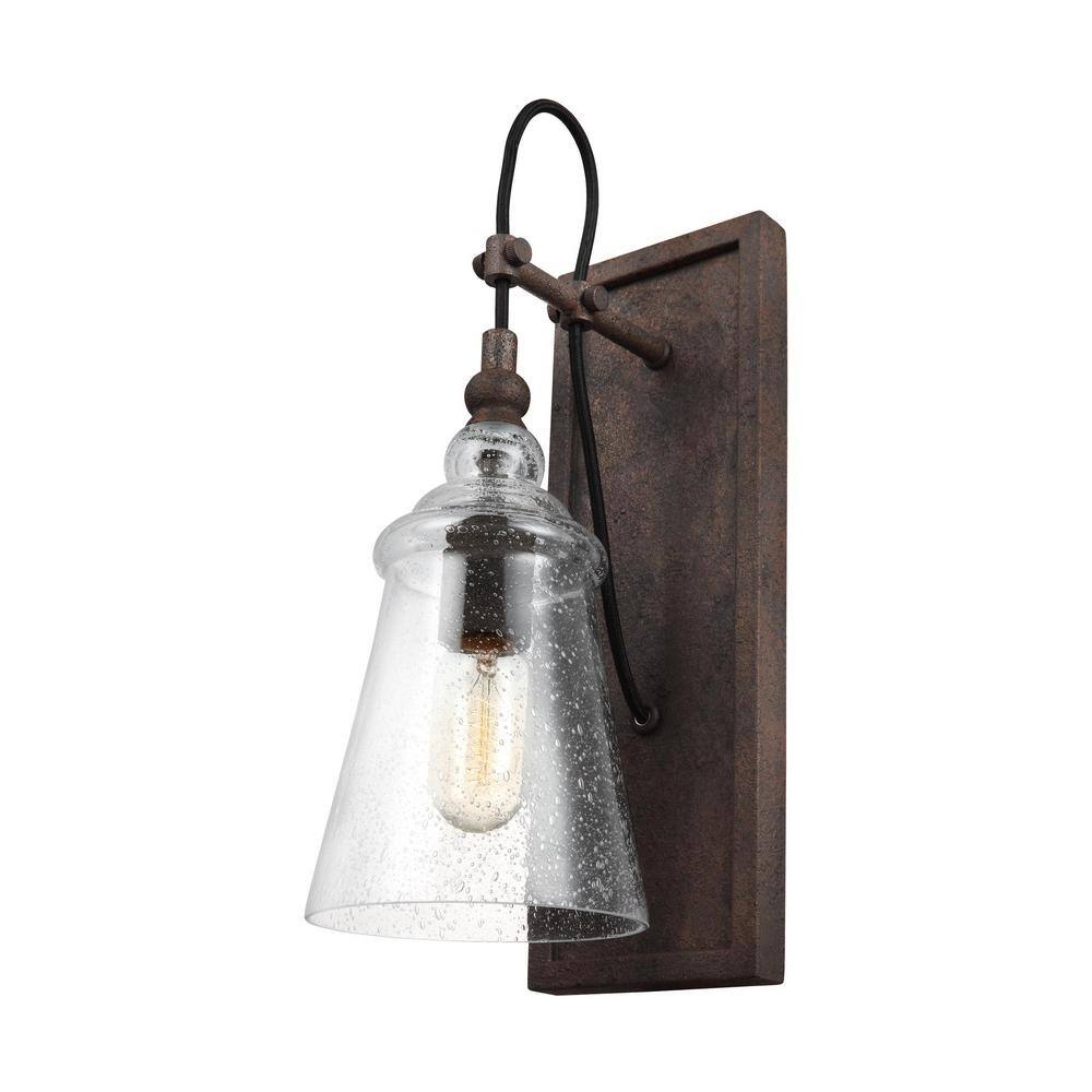 Dark Weathered Iron Dimmable Industrial Wall Sconce with Clear Seeded Glass Shade