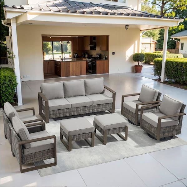 Cube Edge 7-Piece Gray Wicker Patio Conversation Set with Olefin Gray Cushions and Ottomans/ Patio Swivel Gliders