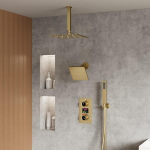 3-Spray 12 and 6 in. Dual Shower Head and Handheld Shower Head with LCD Display in Brushed Gold (Valve Included)