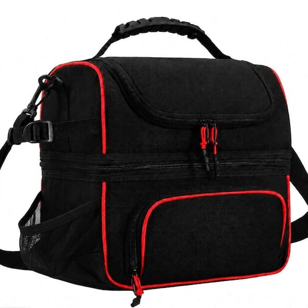 Black Red Insulated Lunch Bag for Work with Dual Compartments, Side Bottle Holder and Shoulder Strap