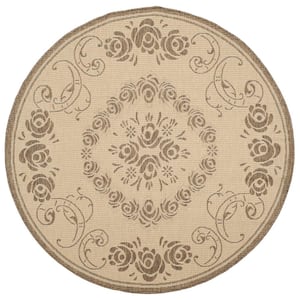 Courtyard Natural/Brown 5 ft. x 5 ft. Round Floral Indoor/Outdoor Patio  Area Rug