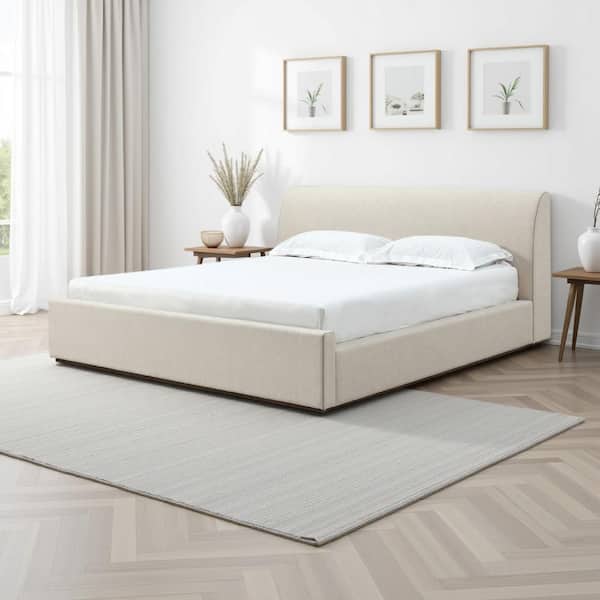 Reza Beige King Wood Frame Sleigh Bed with Headboard and Low Profile
