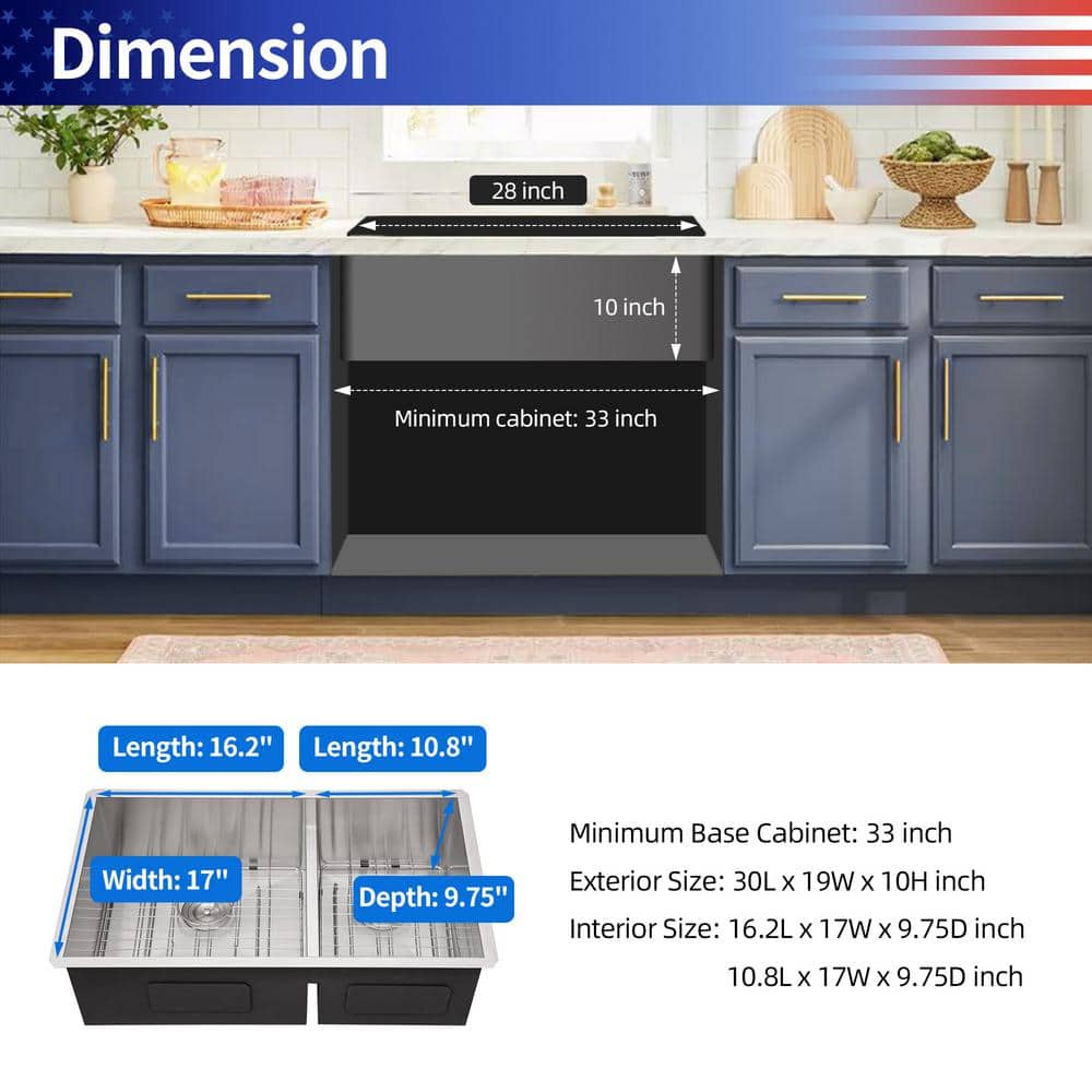 30'' Stainless Steel Undermount Double Bowl Kitchen Sink
