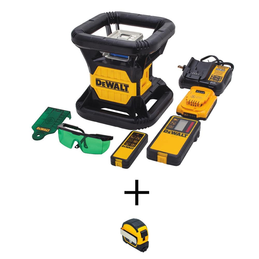 DEWALT 20V MAX Lithium-Ion 250 ft. Green Self-Leveling Rotary Laser Level Kit and 9 ft. x 1/2 in. Pocket Tape Measure -  DW079LGWHT330