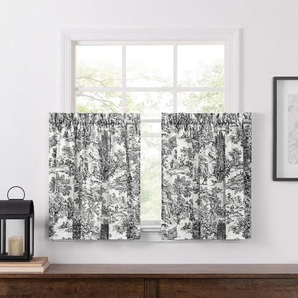 null Victoria Park Black Toile Rod Pocket Light Filtering Curtain - 34 in. W x 24 in. L (Set of 2)