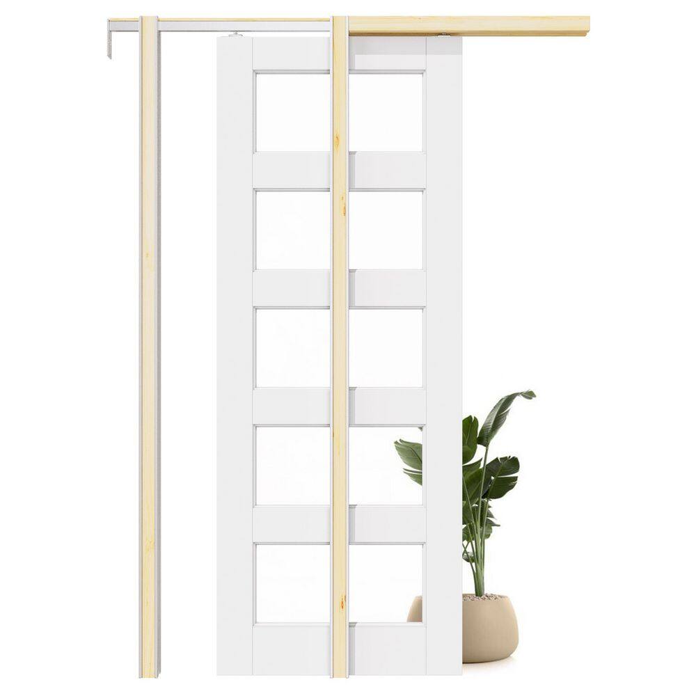 32 in. x 80 in. 5-Lite Clear Glass White Primed Wood Sliding Pocket Door with Door Hardware Kit (Soft Close Included) price history on PriceWatchPro
