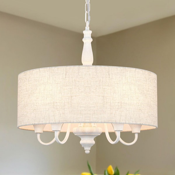 5-Light 18.11 in. Drum Shade Collection Farmhouse White Chandelier Light with Harvest Linen Shade