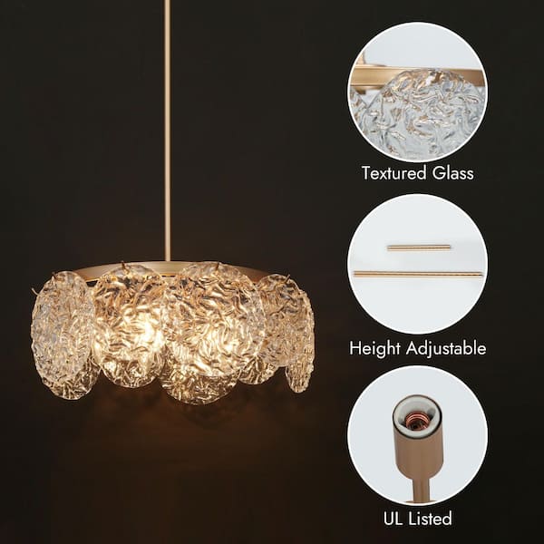 Wavelet 5-Light Dark Gold Round Chandelier Lighting, Mid-Century Modern Pendant Light with Water Ripple Glass Shade