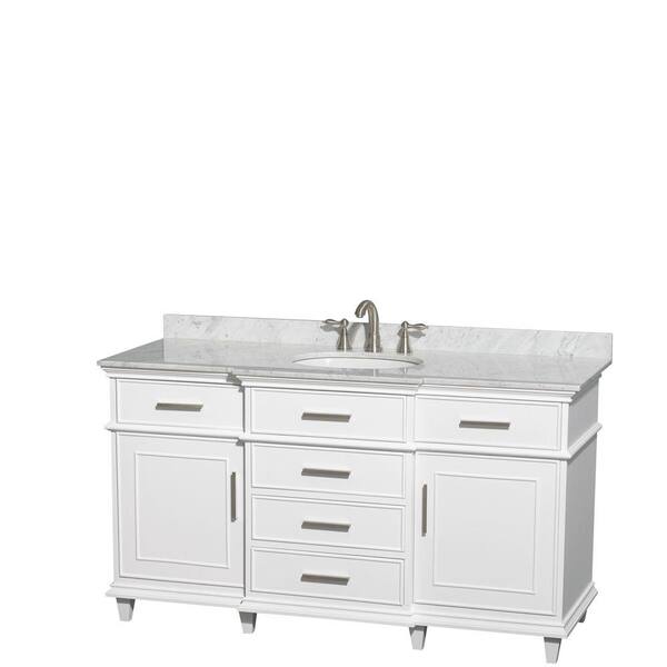 Wyndham Collection Berkeley 60 in. Vanity in White with Marble Vanity Top in Carrara White and Oval Basin