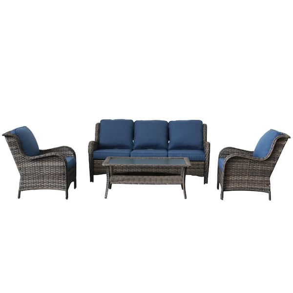 Clihome 4-Piece Wicker Patio Conversatuion Set with Blue Cushions