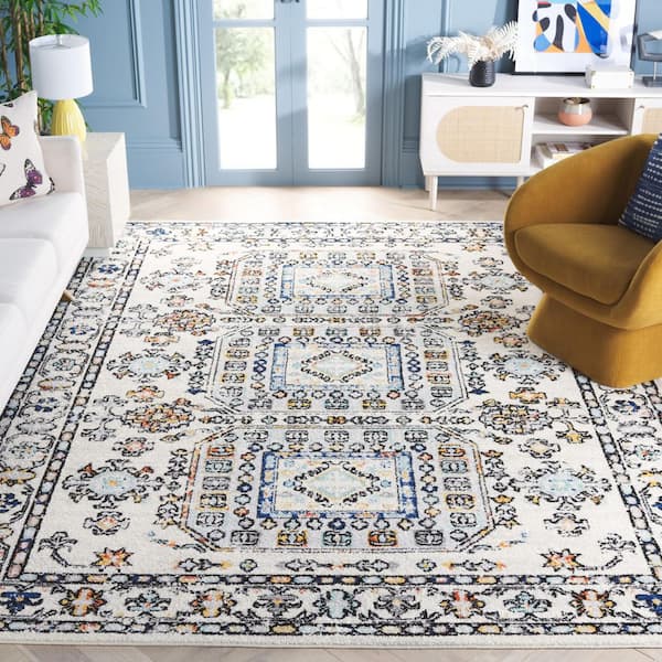 Tulum 9 ft. x 12 ft. Ivory Gray/Blue Rust Border Ornate Area Rug