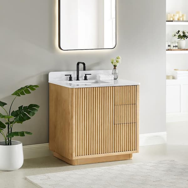 Clayton 36 in. Single Freestanding Washed Light Brown Bath Vanity with Grain White Engineered Stone Top Assembled