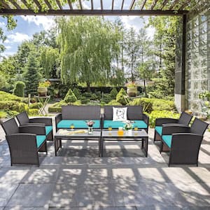 8-Piece Rattan Outdoor Patio Conversation Set Furniture Set with Turquoise Cushions