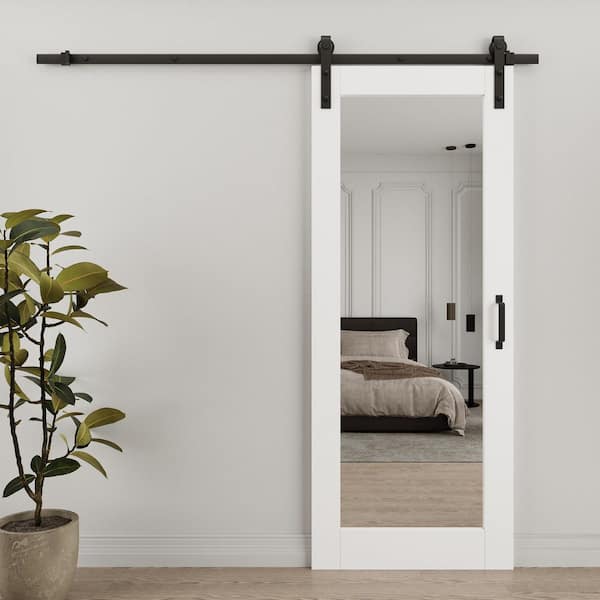 32 in. x 84 in. 1-Lite Full Length Mirrored Glass White Primed MDF Sliding Barn Door with Black Finish Hardware Kit