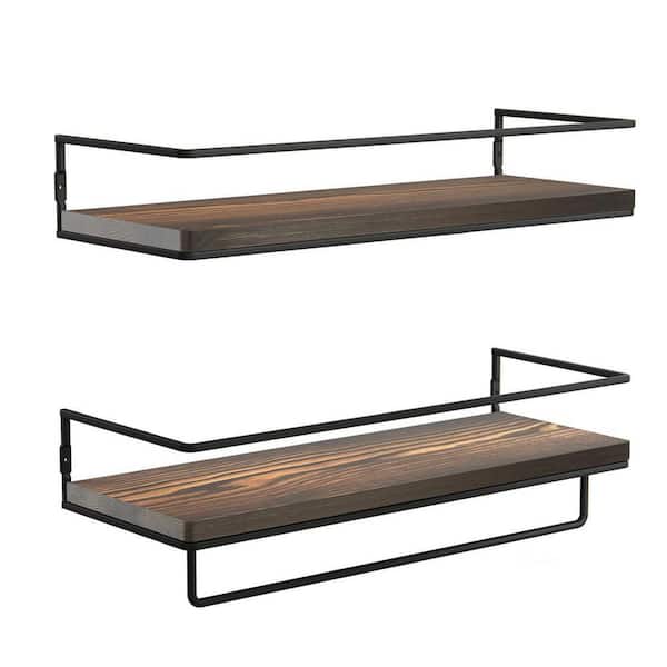 Cubilan 5.7 in. x 15.7 in. x 2.3 in. Brown Wood Floating Decorative Wall Shelves with Metal Brackets and Towel Rack