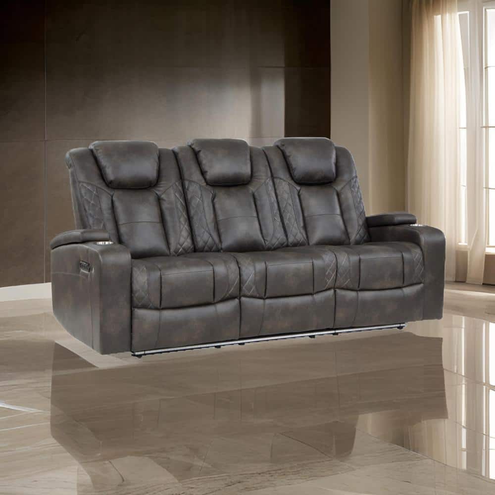 Benjara 83 in. Pillow Top Arms Faux Leather Rectangle with Cup Holders Sofa in Brown and Gray