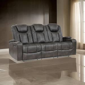 83 in. Pillow Top Arms Faux Leather Rectangle with Cup Holders Sofa in Brown and Gray