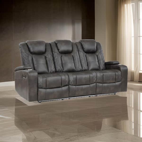 Benjara 83 in. Pillow Top Arms Faux Leather Rectangle with Cup Holders Sofa in Brown and Gray