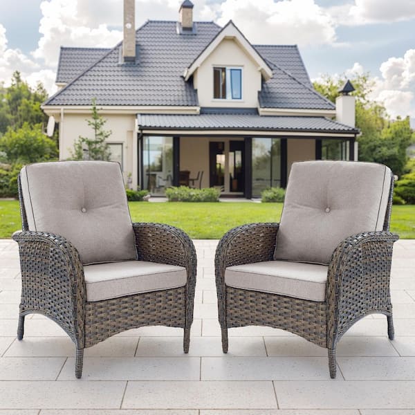 Patio Brown Wicker Outdoor Lounge Chair with Beige Cushions and Flat Armrest (2-Pack)