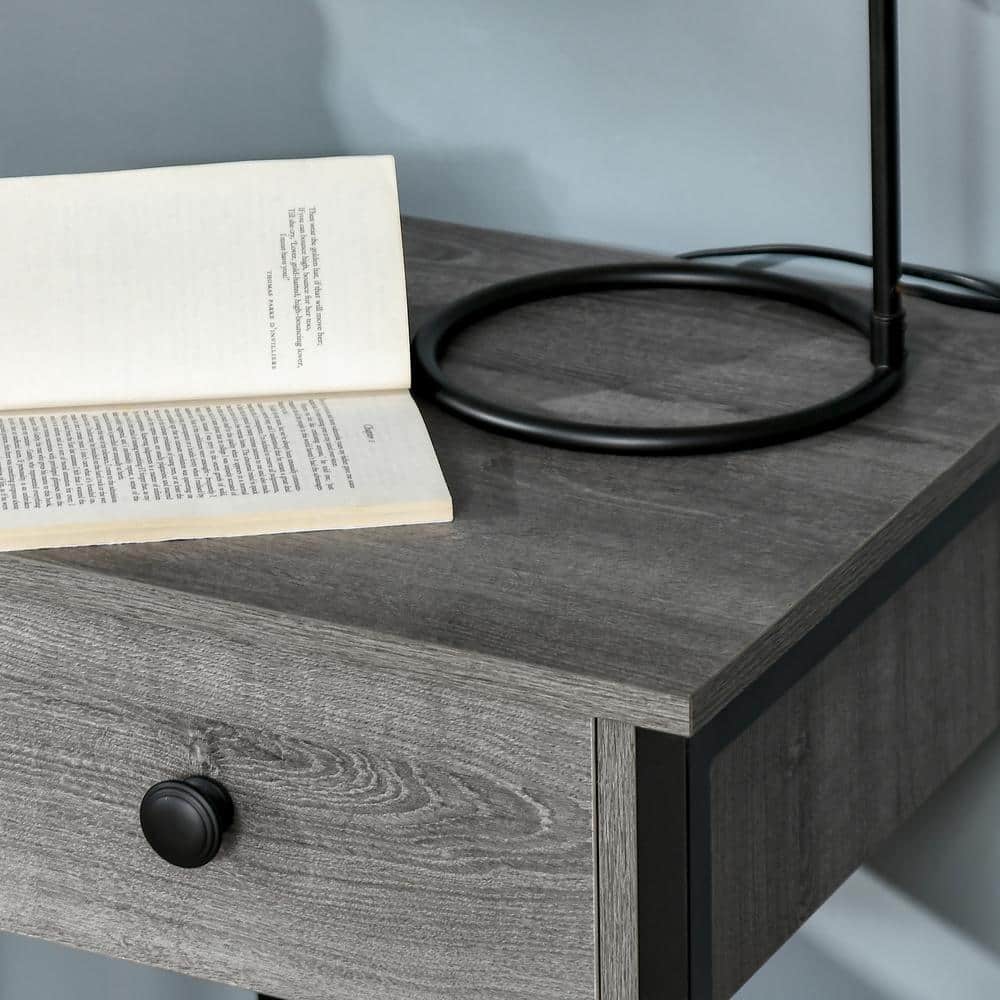 Gray Wood and Black Steel Square End Table with Storage