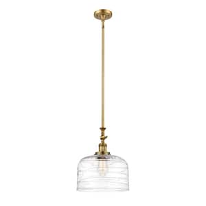 Bell 1-Light Brushed Brass Bowl Pendant Light with Clear Deco Swirl Glass Shade