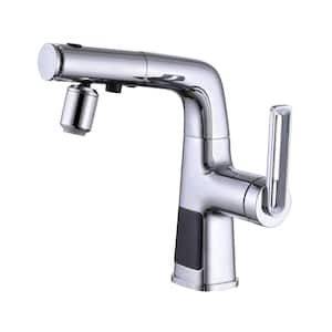 Single-Handle Single Hole Bathroom Faucet with ED Display and Pull Out Spray in Polished Chrome