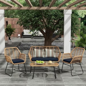 Molly 4-Piece Wicker Outdoor Patio Conversation Seating Set with Removeable Navy Cushions