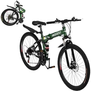 Black/Green 26 inch 21 Speed Folding Mountain Bike with Carbon Steel Frame Double Disc Brake and Dual Suspension
