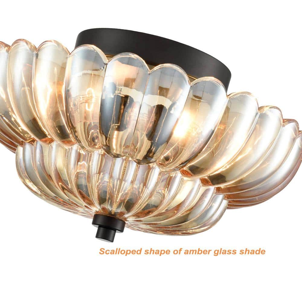 Amber Glass and Black 3-Light Semi Flush Mount Ceiling Fixture