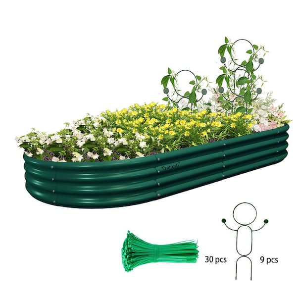 Cesicia 96 in. x 48 in. x 12 in. Outdoor Oval Green Galvanized Steel Elevated Garden Beds with Metal Trellis