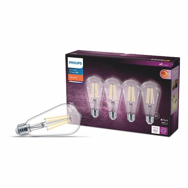 Philips 75-Watt Equivalent ST19 Clear Glass Dimmable E26 Vintage Edison LED Light Bulb Soft White with Warm Glow 2700K (4-Pack)