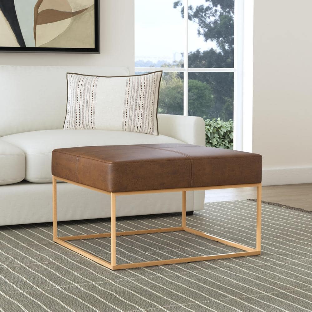 ◆LECOQ◆ Popola Classic Premium Velvet BrownQP323LSN93 QP32 Homepop Brown Faux Leather Large Square Metal Ottoman K8745