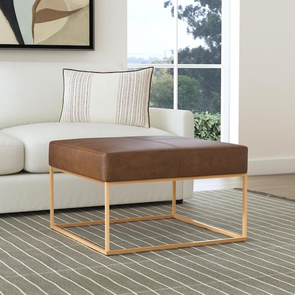 Brown Faux Leather Large Square Metal Ottoman