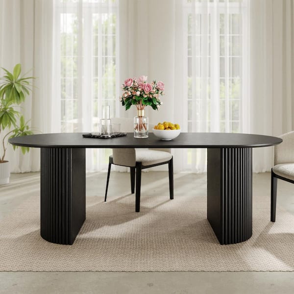 Oval Black Wooden Solid Wood 79 in. Double Pedestal Base Dining Table Seats-8