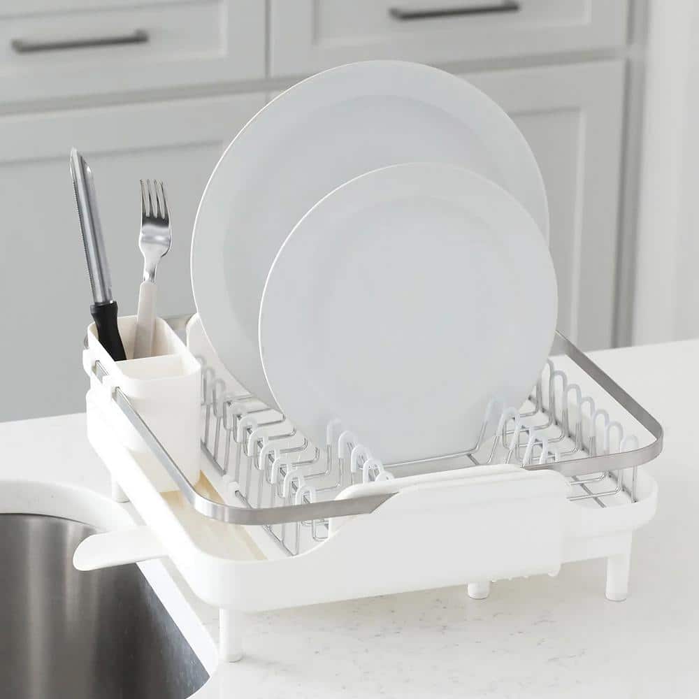 Large White Metal Foldable Dish Rack with Utensil Cup
