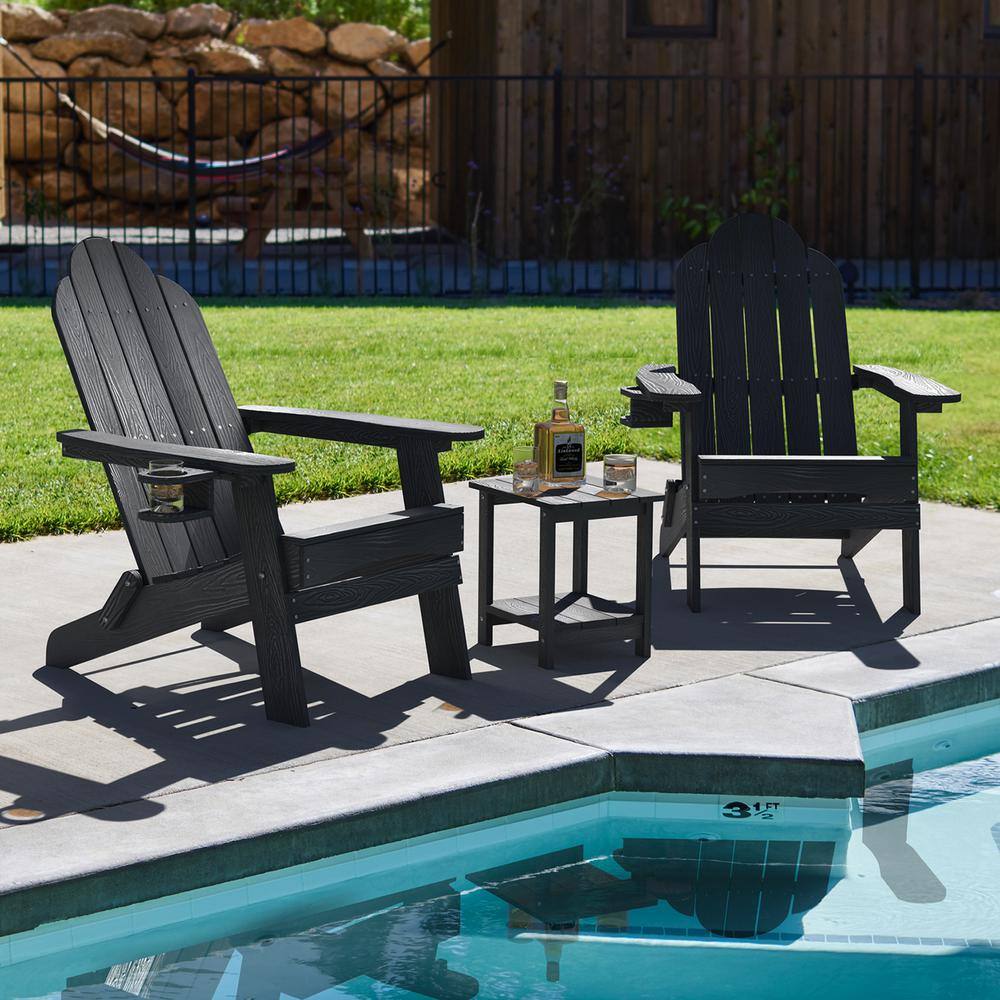 Black Foldable HDPS Adirondack Chairs with Cup Holder, Set of 2