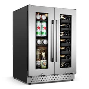 Dual Zone 24 in. Built-In 20-Bottle and 88-Can Beverage and Wine Cooler Fridge with French Doors, Stainless Steel