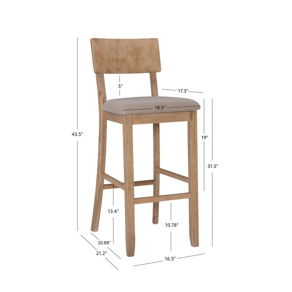 Rustic Gray Wash 46" Acacia Wood Bar Stool with Light Gray Linen Cushion