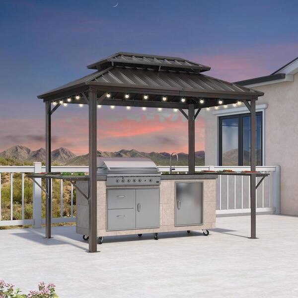 6 ft. x 9 ft. Hardtop Grill Gazebo for Patio Aluminum Barbecue Shelter Gazebo, Hooks, Shelves Double Tiered 24-Lights