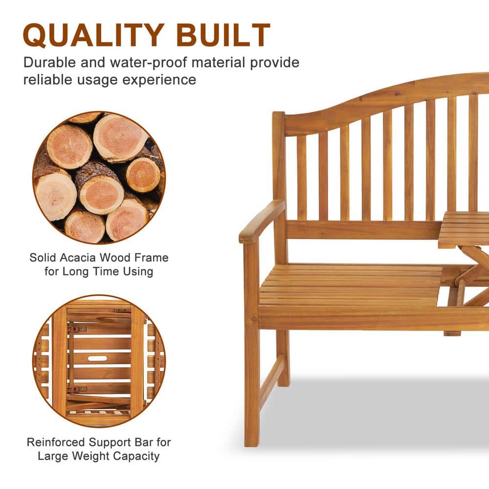 59" Rustic Acacia Wood Outdoor Bench with Pop-Up Table